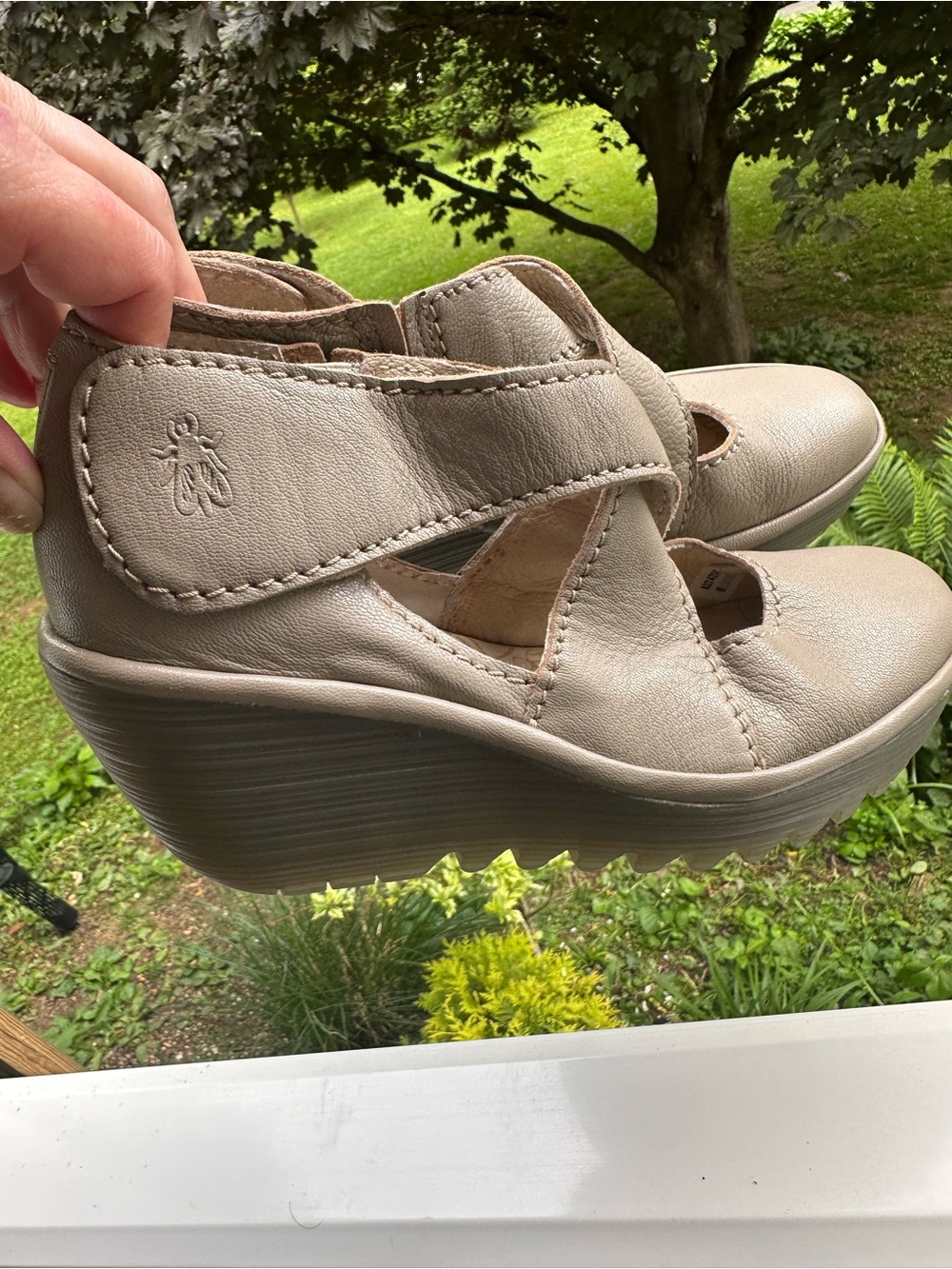 Fly London Women's “Yogo” Taupe Leather Wedge Mary Jane EU 37 US 7